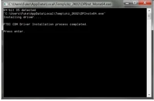 Windows command prompt showing successful FTDI COM driver installation using DPInst_x64 on a 64-bit OS